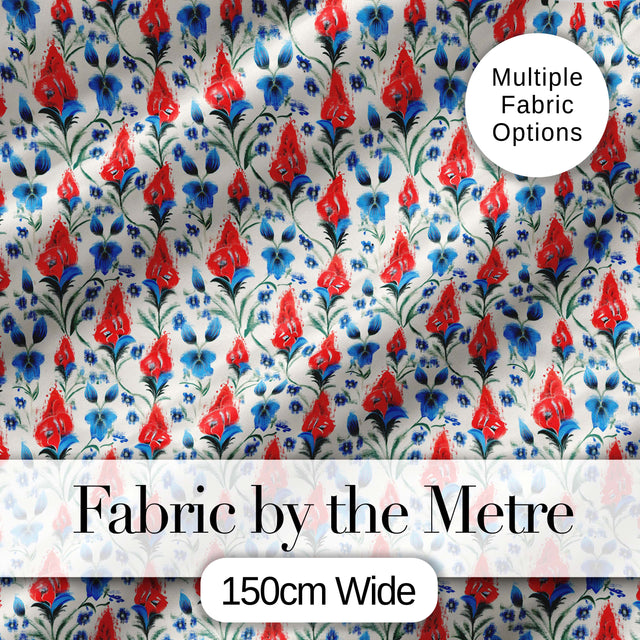 Red and Blue Floral Folk Art Seamless Pattern Botanical Design Digital Print Fabric by the Metre UK Sewing Quilting Textile
