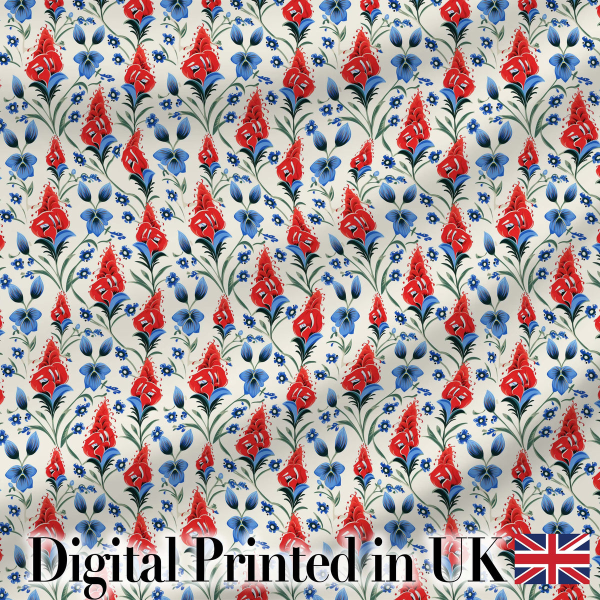 Red and Blue Floral Folk Art Seamless Pattern Botanical Design Digital Print Fabric by the Metre UK Sewing Quilting Textile
