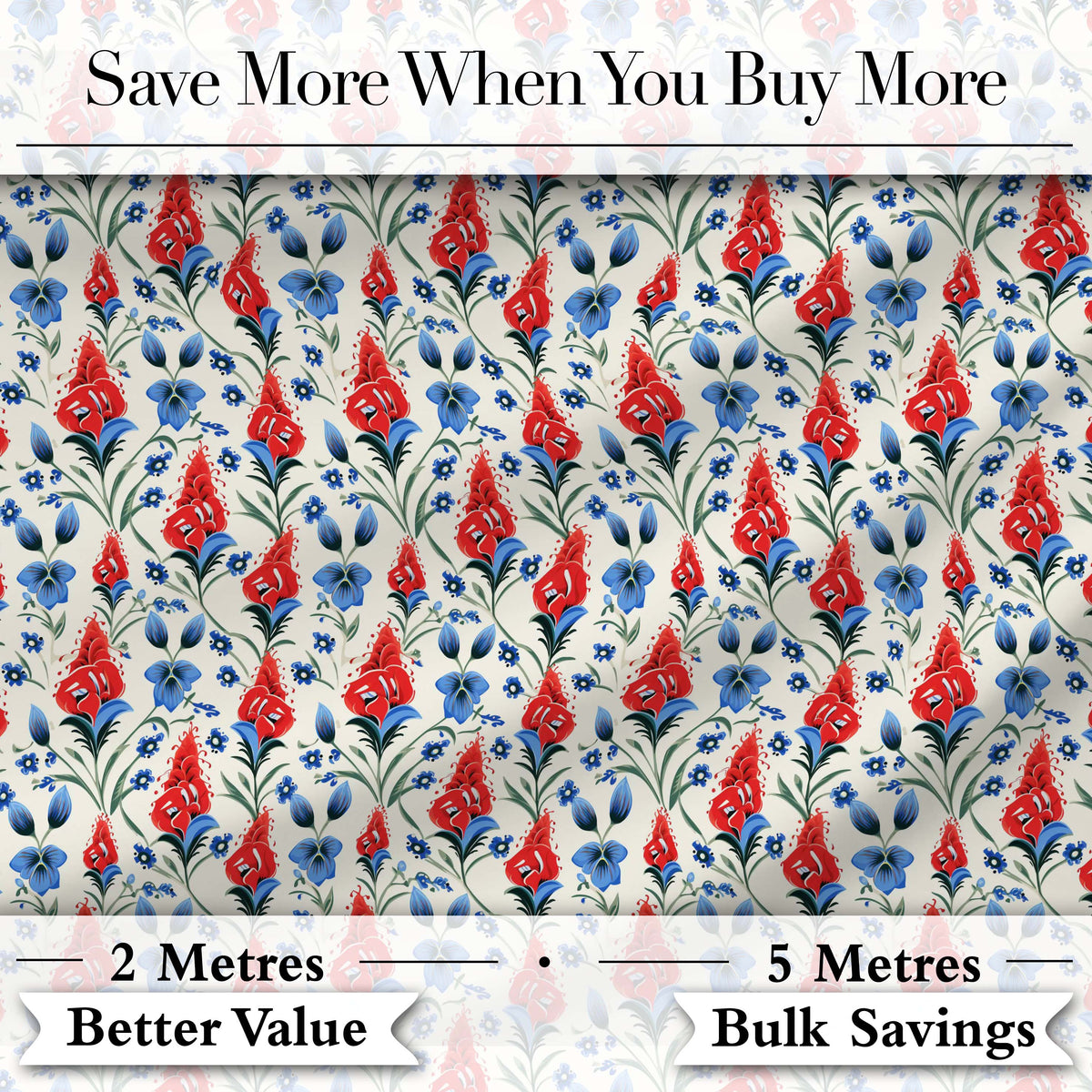 Red and Blue Floral Folk Art Seamless Pattern Botanical Design Digital Print Fabric by the Metre UK Sewing Quilting Textile
