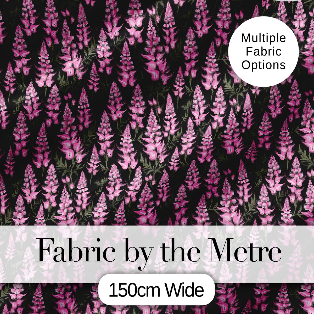 Stylized Pink Foxglove Floral on Dark Background Seamless Pattern Digital Print Fabric by the Metre UK Sewing Quilting Textile