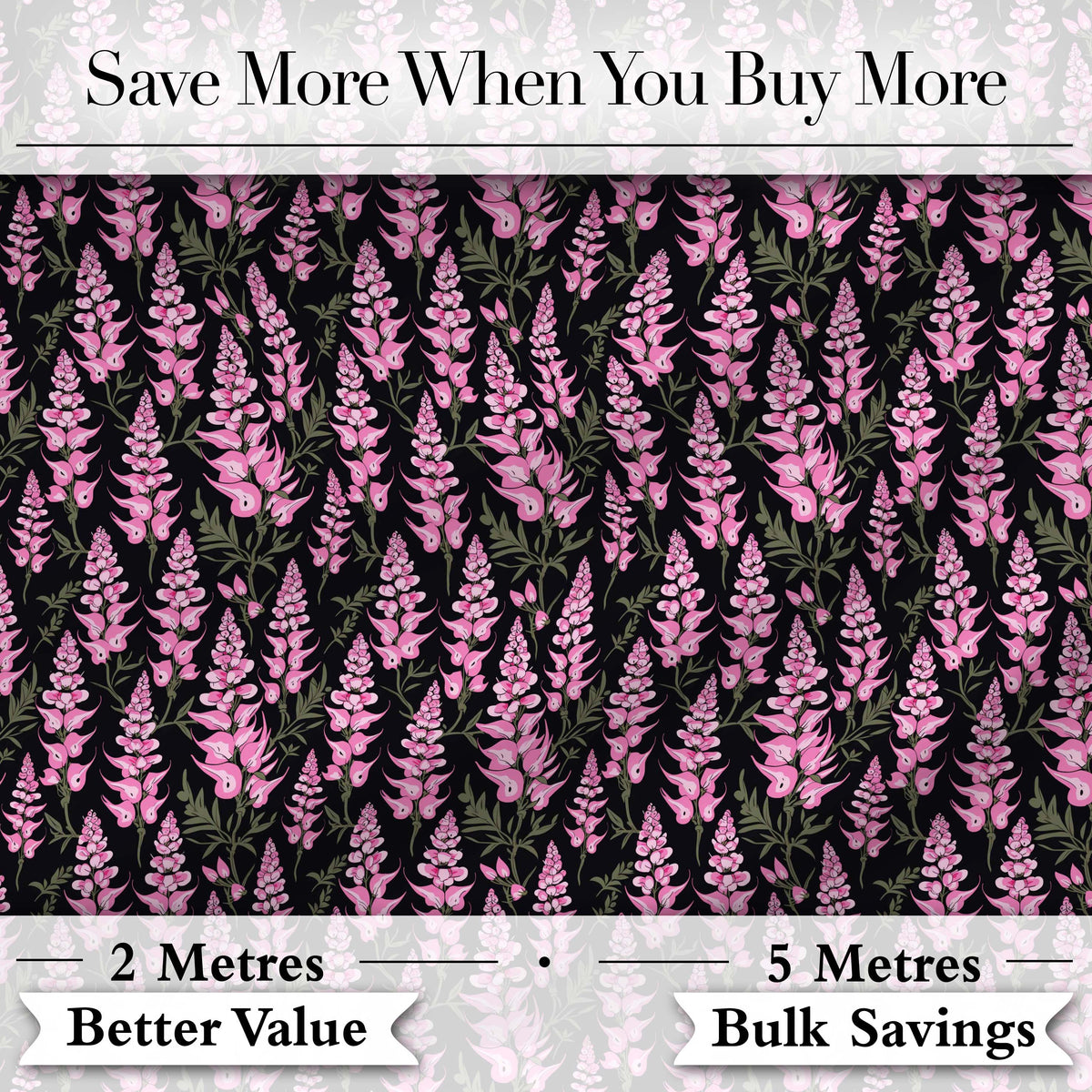 Stylized Pink Foxglove Floral on Dark Background Seamless Pattern Digital Print Fabric by the Metre UK Sewing Quilting Textile