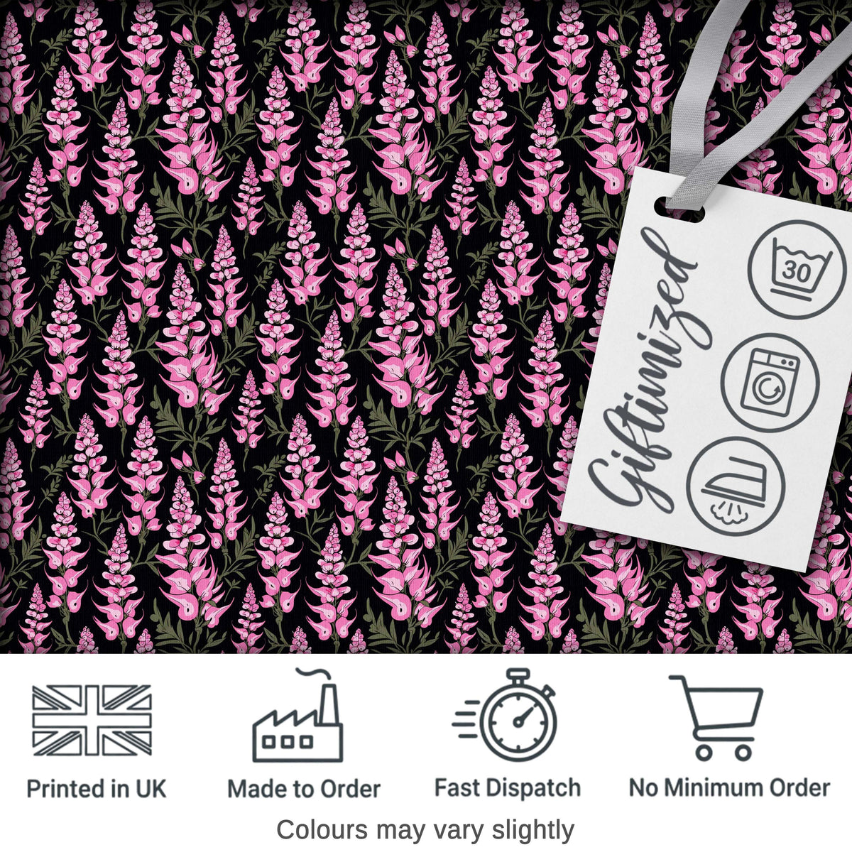 Stylized Pink Foxglove Floral on Dark Background Seamless Pattern Digital Print Fabric by the Metre UK Sewing Quilting Textile