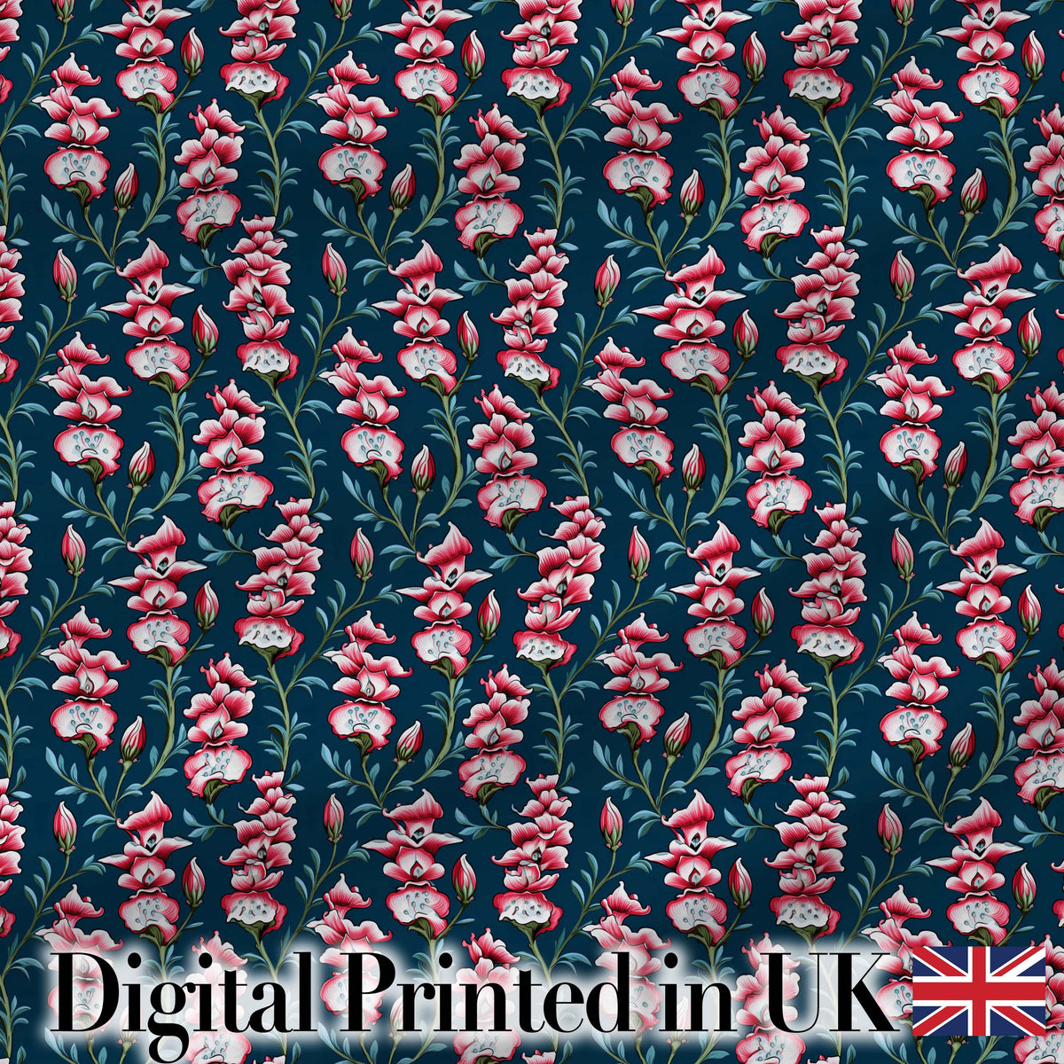 Vintage Pink Floral Stems on Deep Blue Background Seamless Pattern Digital Print Fabric by the Metre UK Sewing Quilting Textile