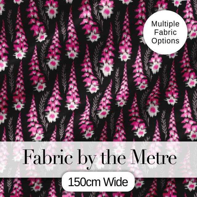 Modern Pink Foxglove Floral Graphic Dark Seamless Pattern Digital Print Fabric by the Metre UK Sewing Quilting Textile