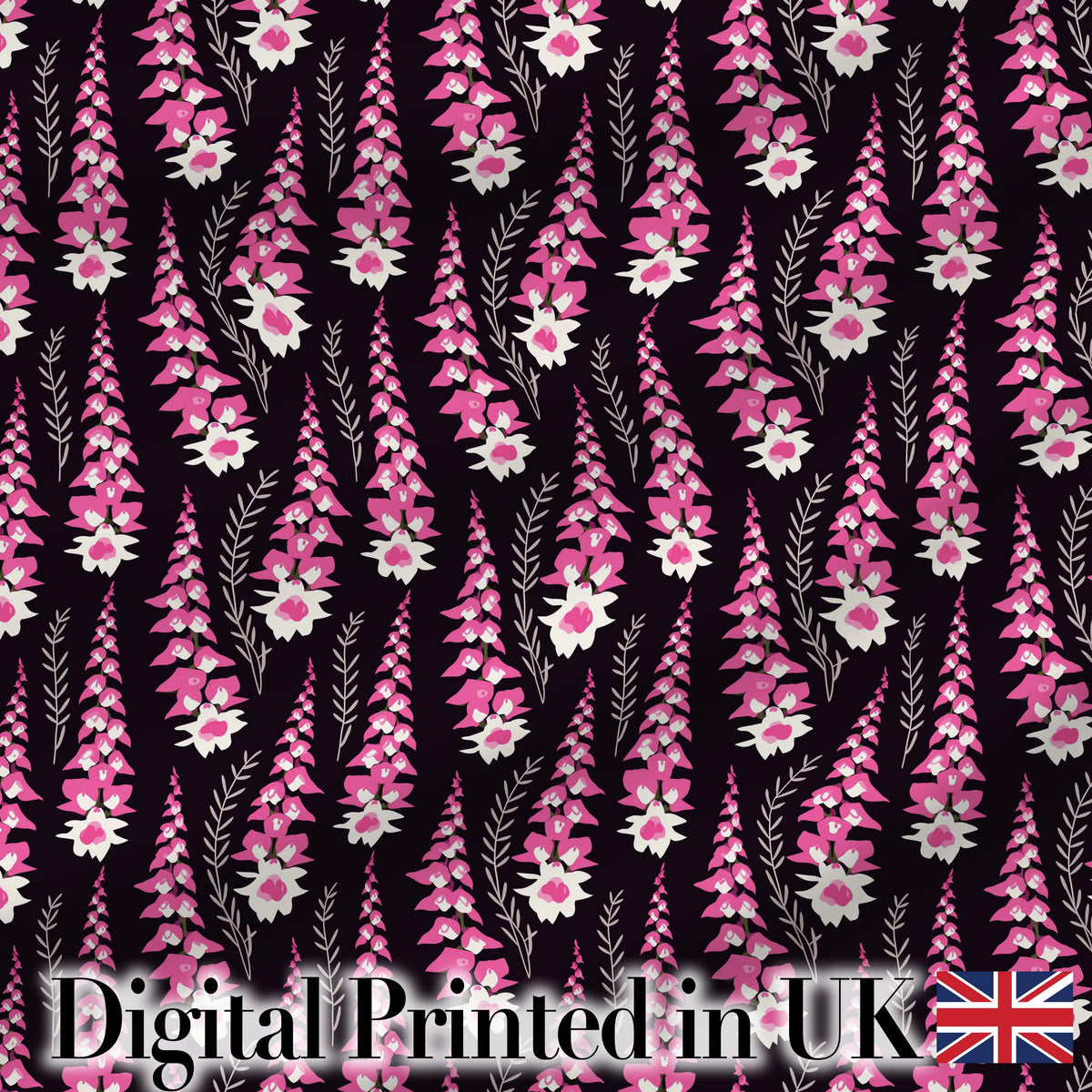 Modern Pink Foxglove Floral Graphic Dark Seamless Pattern Digital Print Fabric by the Metre UK Sewing Quilting Textile