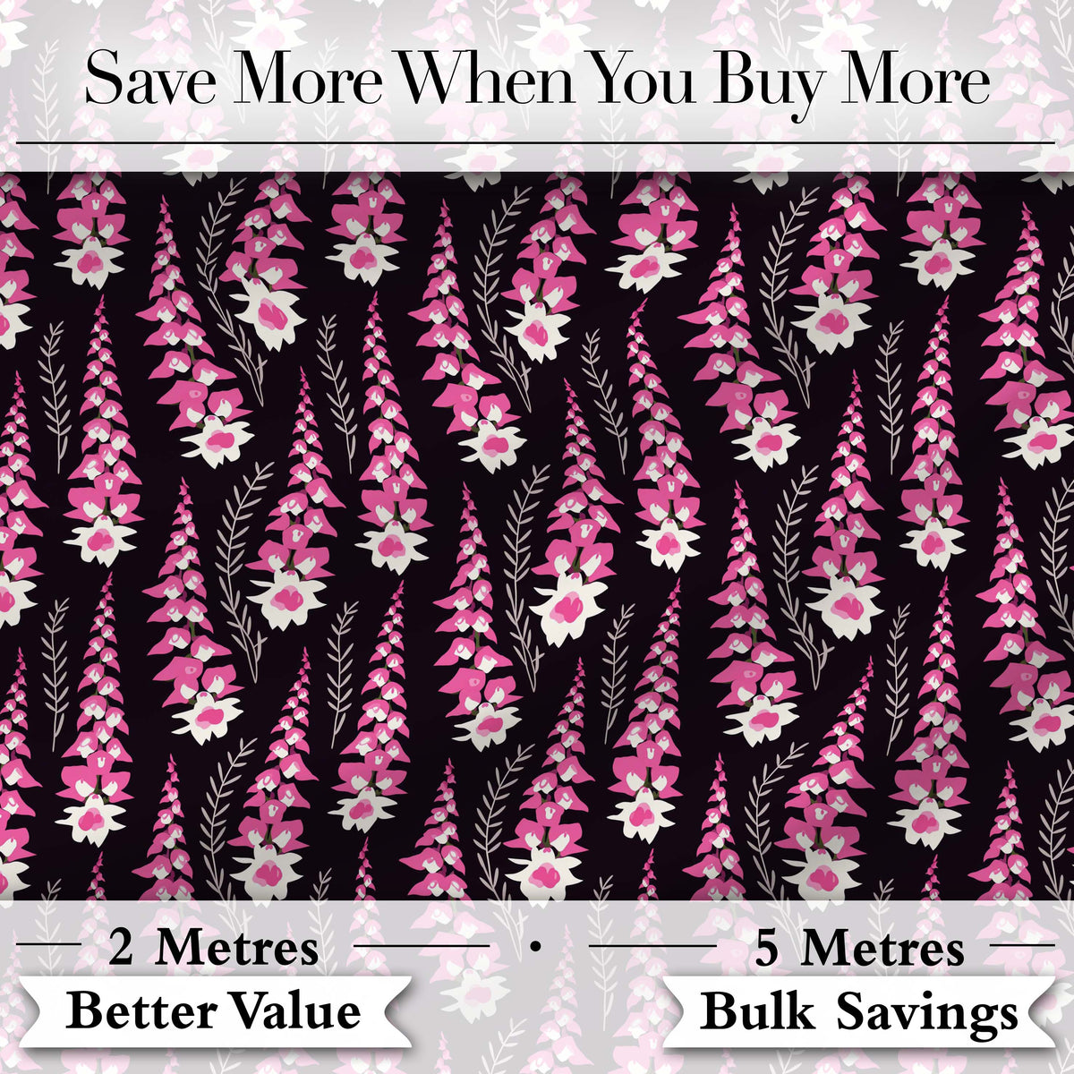 Modern Pink Foxglove Floral Graphic Dark Seamless Pattern Digital Print Fabric by the Metre UK Sewing Quilting Textile