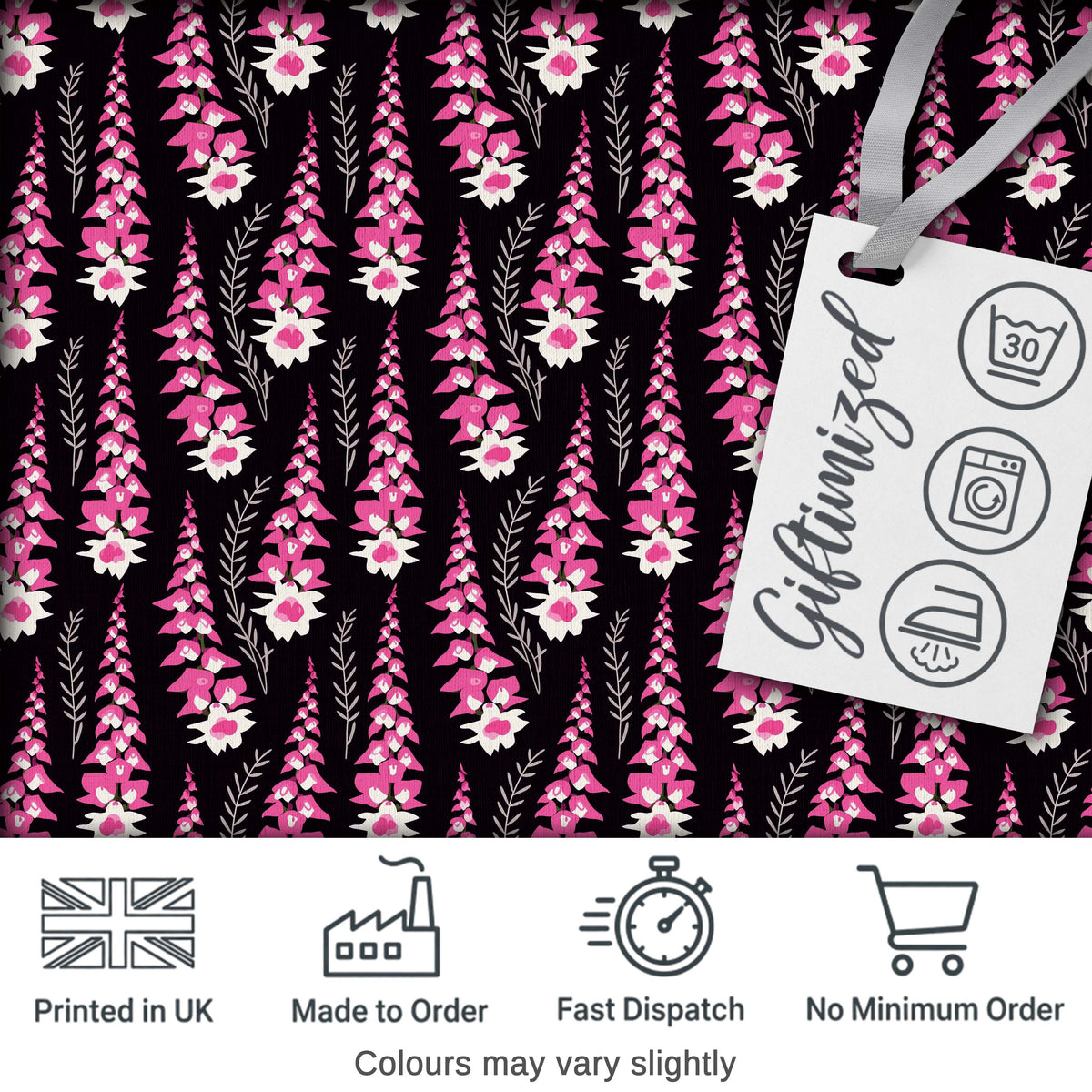 Modern Pink Foxglove Floral Graphic Dark Seamless Pattern Digital Print Fabric by the Metre UK Sewing Quilting Textile