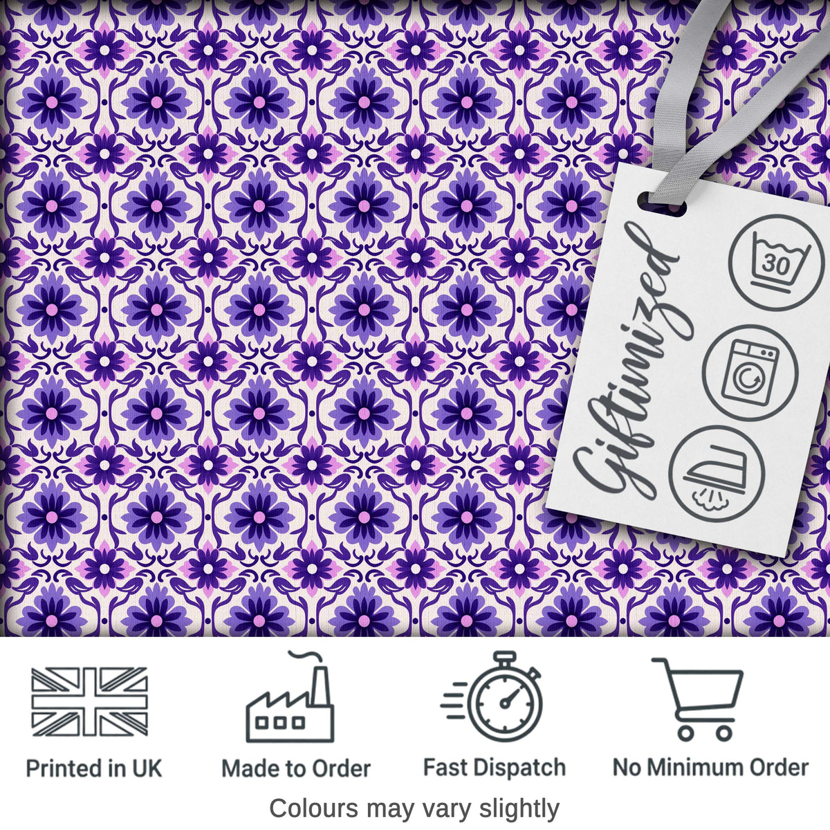 Purple Floral Geometric Tile Style Seamless Pattern Digital Print Fabric by the Metre UK Sewing Quilting Textile