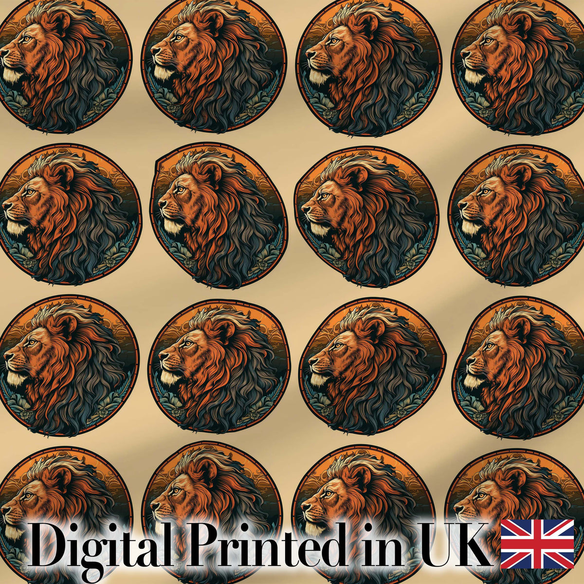 Vintage Lion Medallion Classic Illustration Seamless Pattern Digital Print Fabric by the Metre UK Sewing Quilting Textile