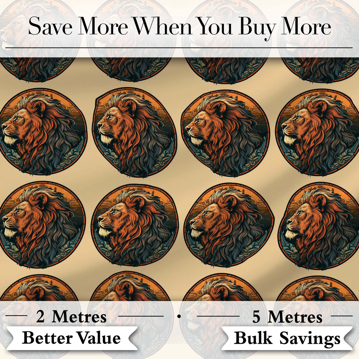 Vintage Lion Medallion Classic Illustration Seamless Pattern Digital Print Fabric by the Metre UK Sewing Quilting Textile