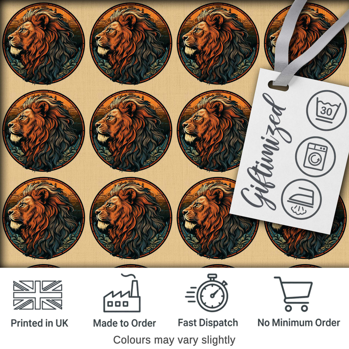 Vintage Lion Medallion Classic Illustration Seamless Pattern Digital Print Fabric by the Metre UK Sewing Quilting Textile