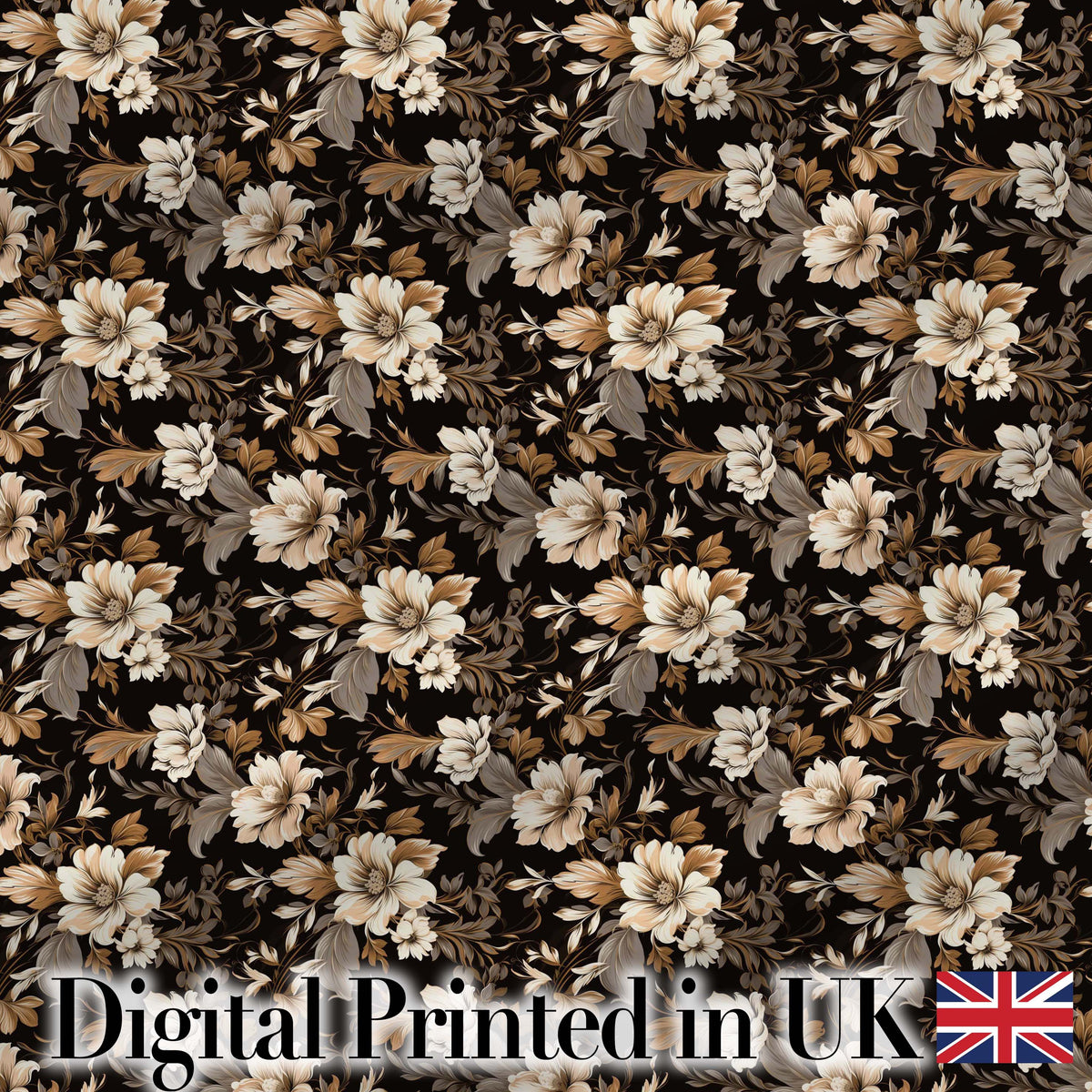 Vintage Beige Floral on Black Seamless Pattern Classic Botanical Design Digital Print Fabric by the Metre UK Sewing Quilting Textile