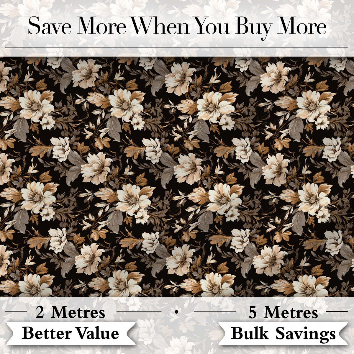 Vintage Beige Floral on Black Seamless Pattern Classic Botanical Design Digital Print Fabric by the Metre UK Sewing Quilting Textile