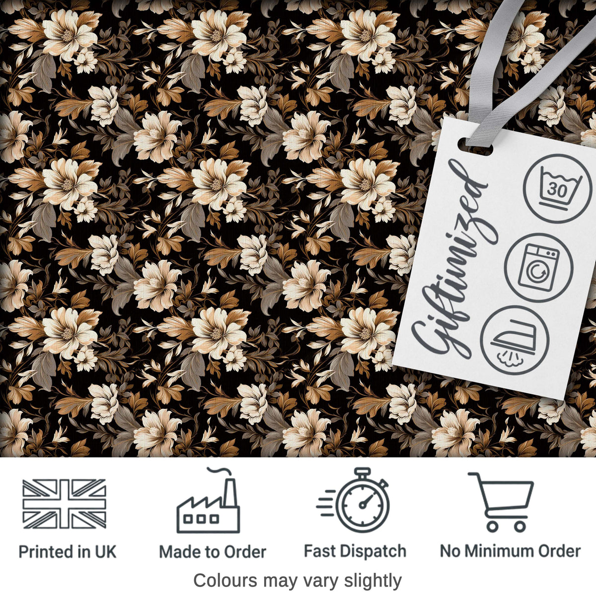 Vintage Beige Floral on Black Seamless Pattern Classic Botanical Design Digital Print Fabric by the Metre UK Sewing Quilting Textile