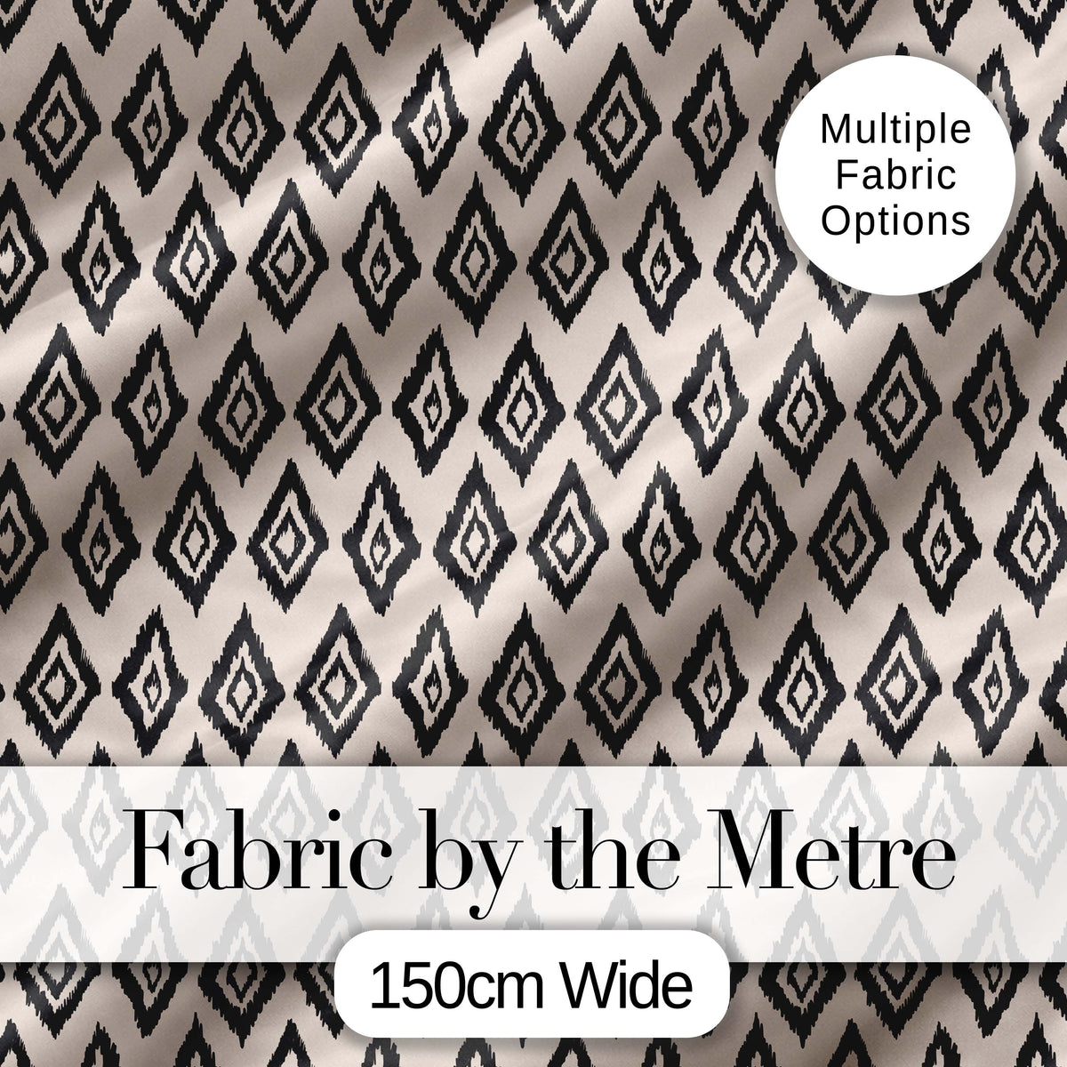 Black Tribal Diamond Ikat Seamless Pattern Ethnic Geometric Design Digital Print Fabric by the Metre UK Sewing Quilting Textile