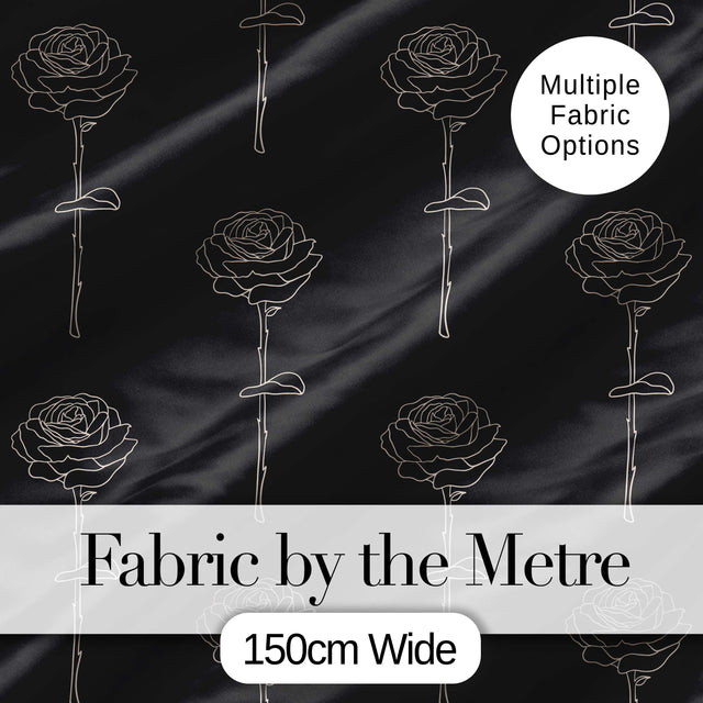 Elegant Rose Line Art Floral Seamless Pattern on Dark Background Digital Print Fabric by the Metre UK Sewing Quilting Textile