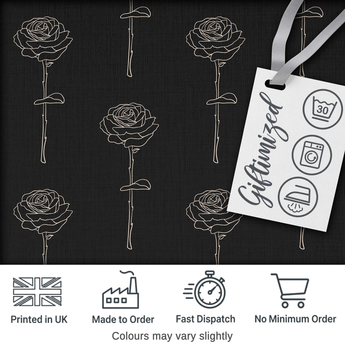 Elegant Rose Line Art Floral Seamless Pattern on Dark Background Digital Print Fabric by the Metre UK Sewing Quilting Textile