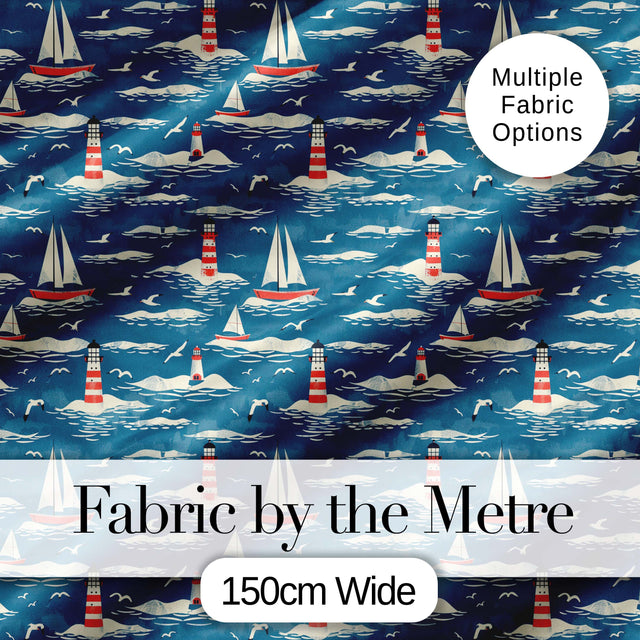 Lighthouse Sailboat Ocean Waves Seamless Pattern Vintage Coastal Scene Digital Print Fabric by the Metre UK Sewing Quilting Textile