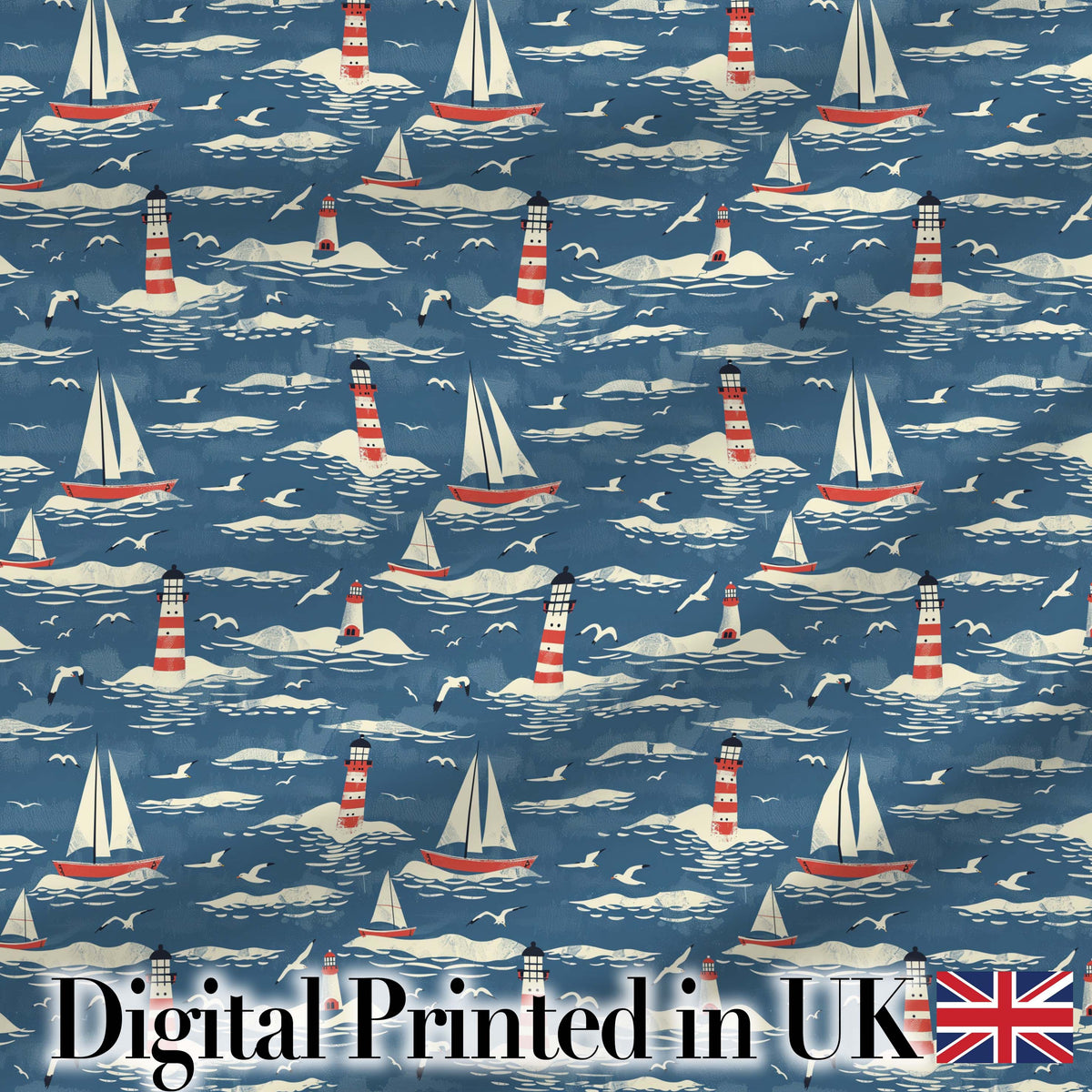 Lighthouse Sailboat Ocean Waves Seamless Pattern Vintage Coastal Scene Digital Print Fabric by the Metre UK Sewing Quilting Textile