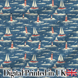 Lighthouse Sailboat Ocean Waves Seamless Pattern Vintage Coastal Scene Digital Print Fabric by the Metre UK Sewing Quilting Textile