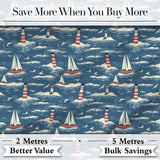 Lighthouse Sailboat Ocean Waves Seamless Pattern Vintage Coastal Scene Digital Print Fabric by the Metre UK Sewing Quilting Textile
