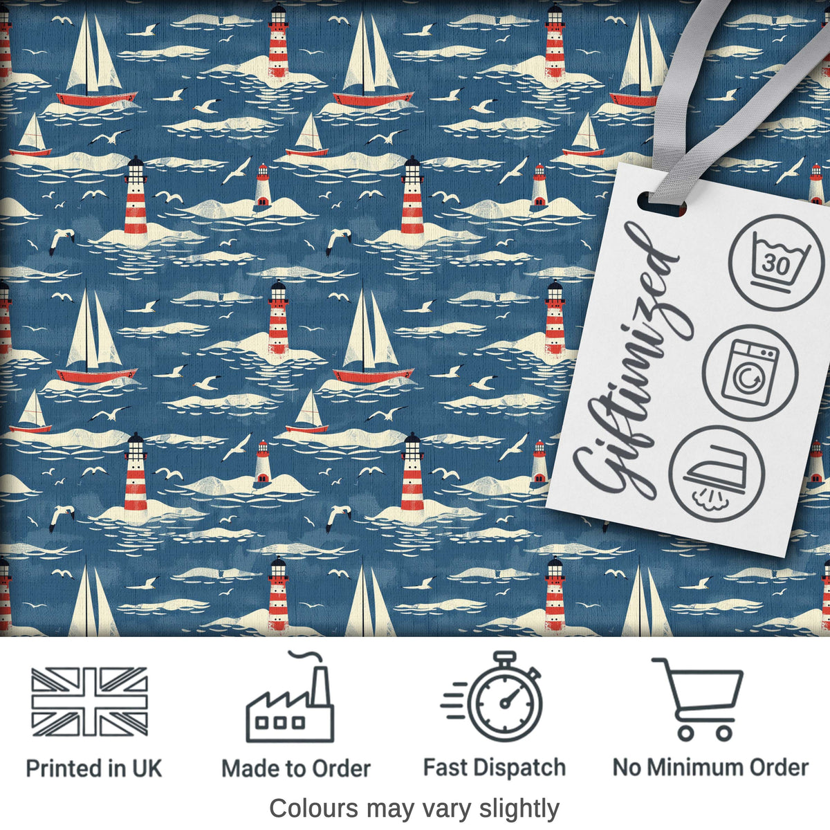 Lighthouse Sailboat Ocean Waves Seamless Pattern Vintage Coastal Scene Digital Print Fabric by the Metre UK Sewing Quilting Textile