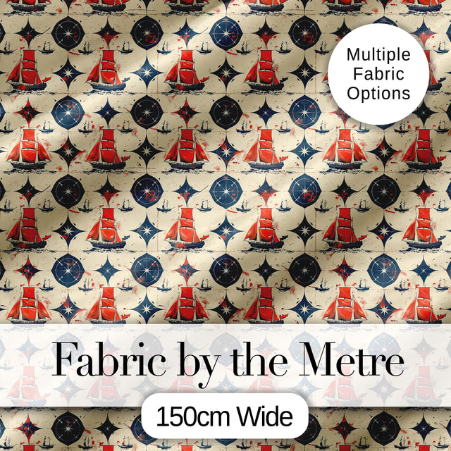 Red Sailboat Compass Seamless Pattern Vintage Nautical Ocean Design Digital Print Fabric by the Metre UK Sewing Quilting Textile