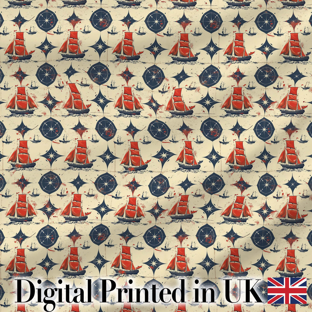 Red Sailboat Compass Seamless Pattern Vintage Nautical Ocean Design Digital Print Fabric by the Metre UK Sewing Quilting Textile