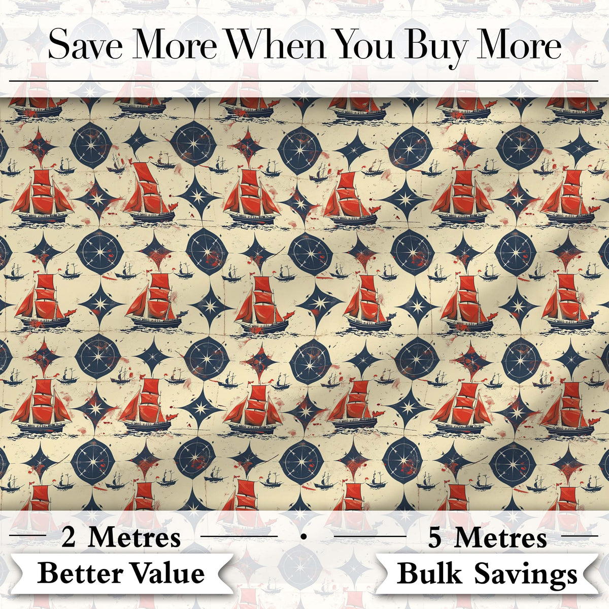 Red Sailboat Compass Seamless Pattern Vintage Nautical Ocean Design Digital Print Fabric by the Metre UK Sewing Quilting Textile