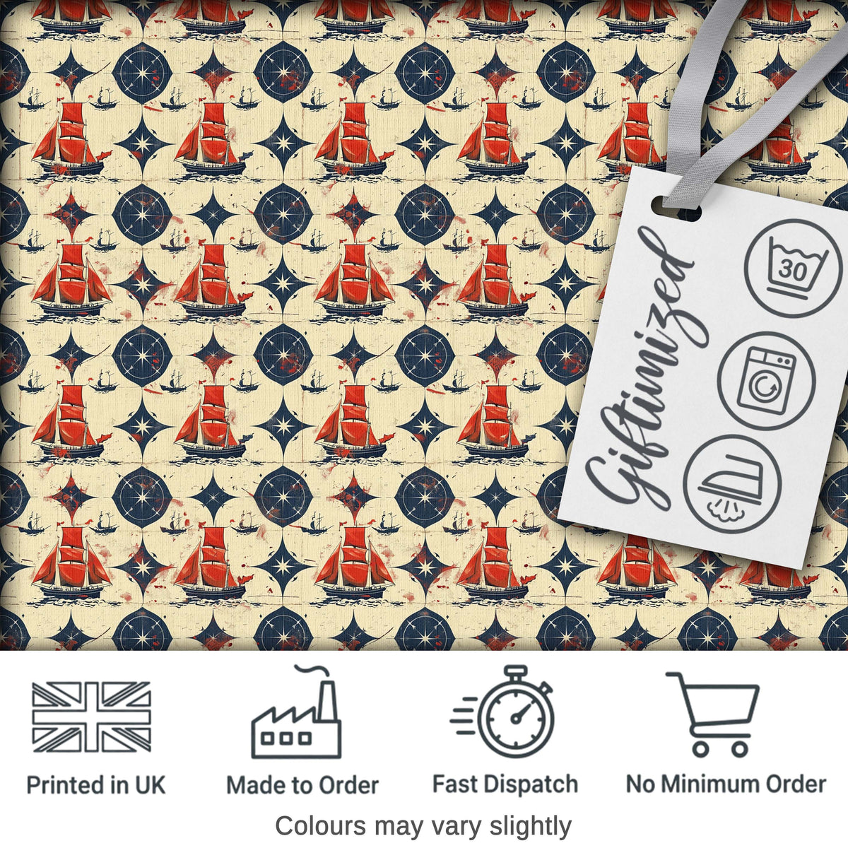 Red Sailboat Compass Seamless Pattern Vintage Nautical Ocean Design Digital Print Fabric by the Metre UK Sewing Quilting Textile