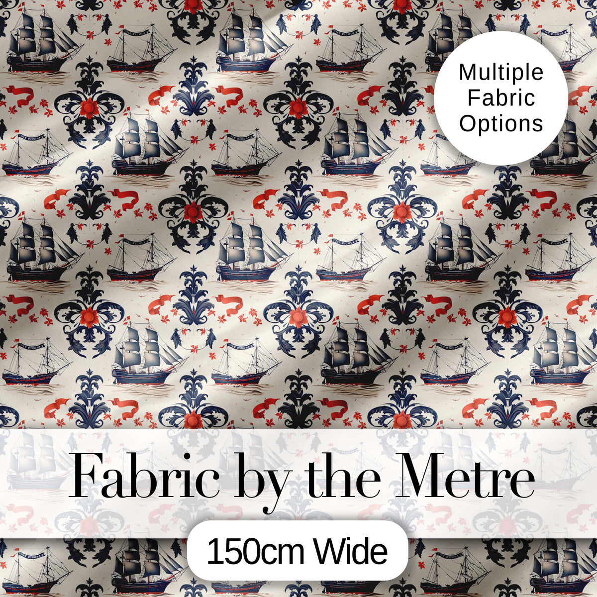 Elegant Nautical Ship Floral Seamless Pattern Vintage Marine Artwork Design Digital Print Fabric by the Metre UK Sewing Quilting Textile