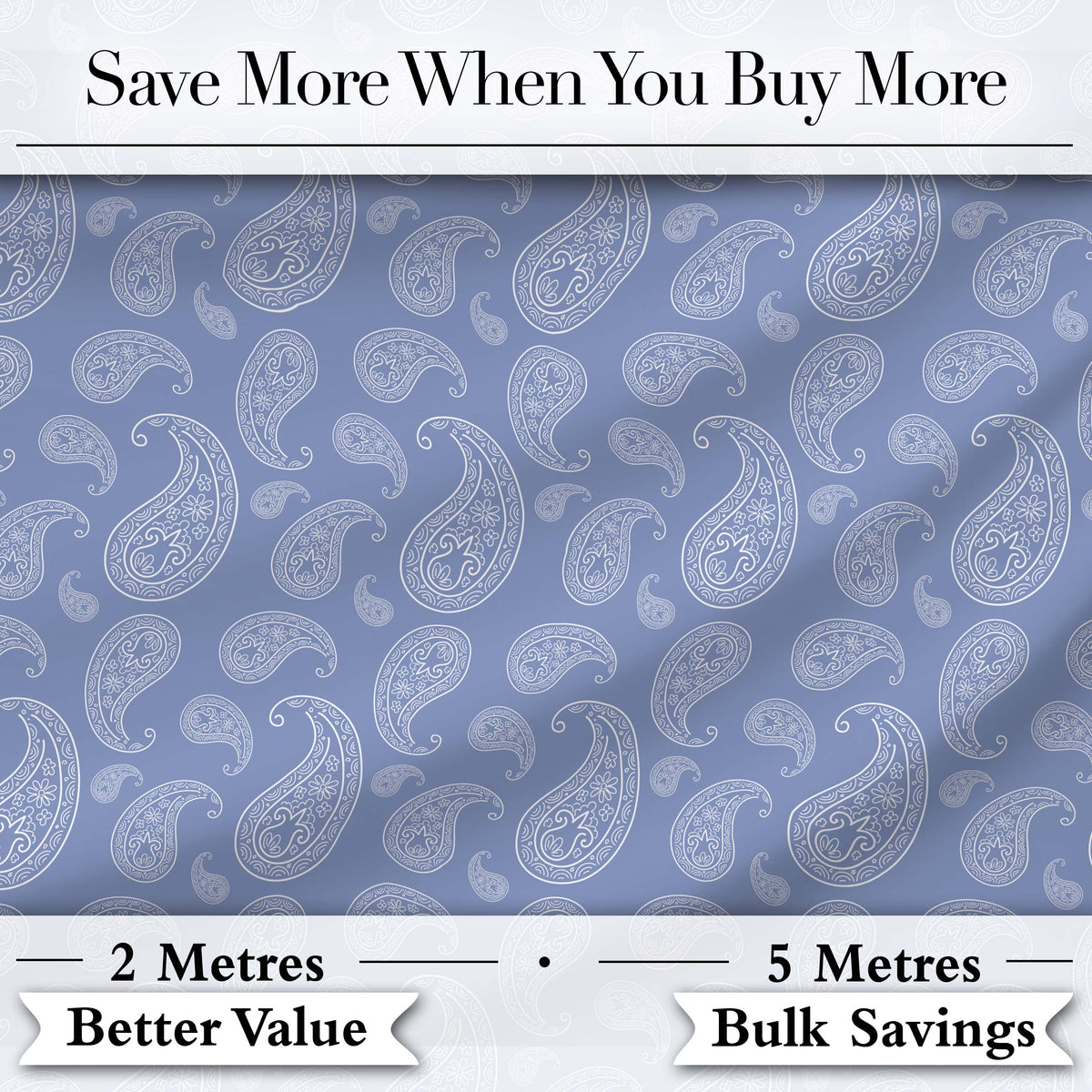 Soft White Paisley Floral Pattern on Muted Blue Background Seamless Digital Print Fabric by the Metre UK Sewing Quilting Textile