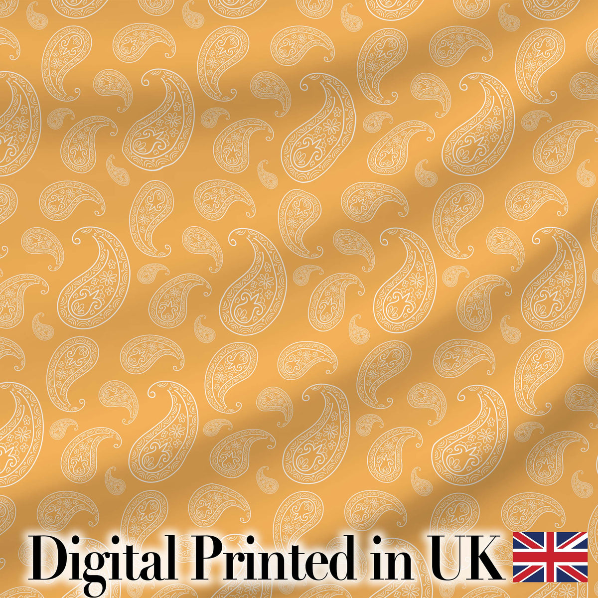 Elegant White Paisley Pattern Warm Gold Gradient Background Seamless Digital Print Fabric by the Metre UK Sewing Quilting Textile