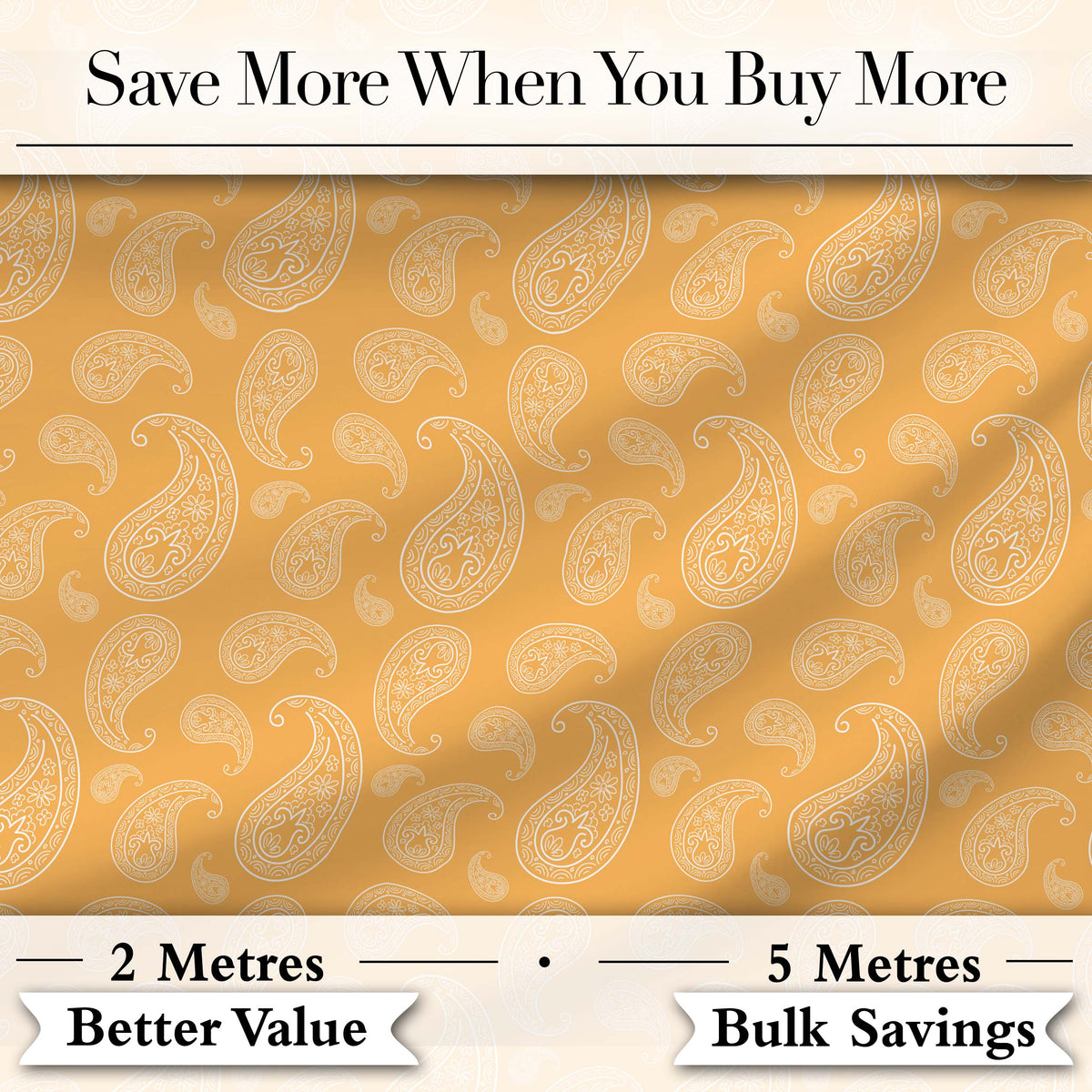 Elegant White Paisley Pattern Warm Gold Gradient Background Seamless Digital Print Fabric by the Metre UK Sewing Quilting Textile