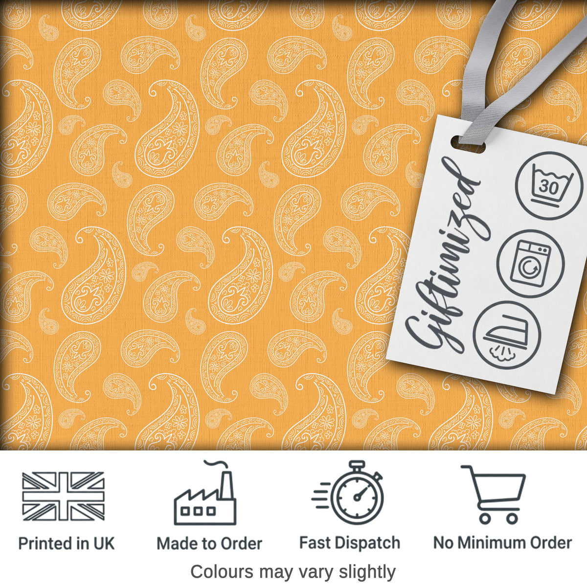 Elegant White Paisley Pattern Warm Gold Gradient Background Seamless Digital Print Fabric by the Metre UK Sewing Quilting Textile