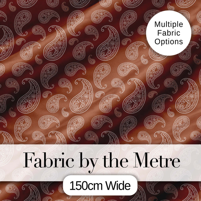 Elegant White Paisley Pattern Rich Coffee Brown Gradient Background Seamless Digital Print Fabric by the Metre UK Sewing Quilting Textile