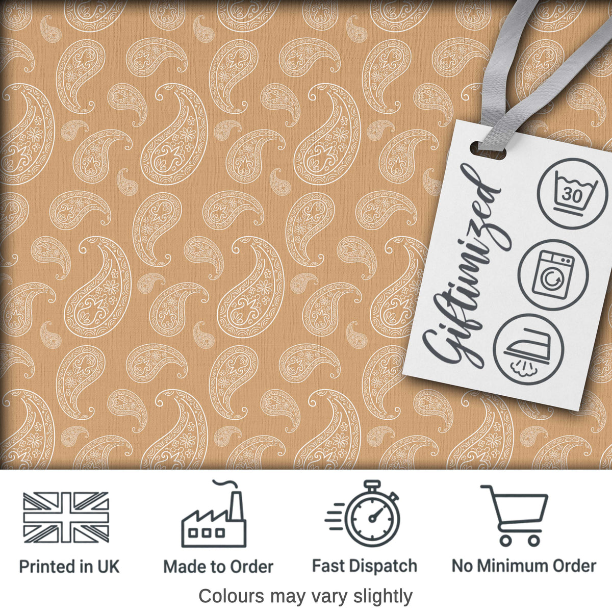 Elegant White Paisley Pattern Soft Golden Beige Gradient Background Seamless Digital Print Fabric by the Metre UK Sewing Quilting Textile