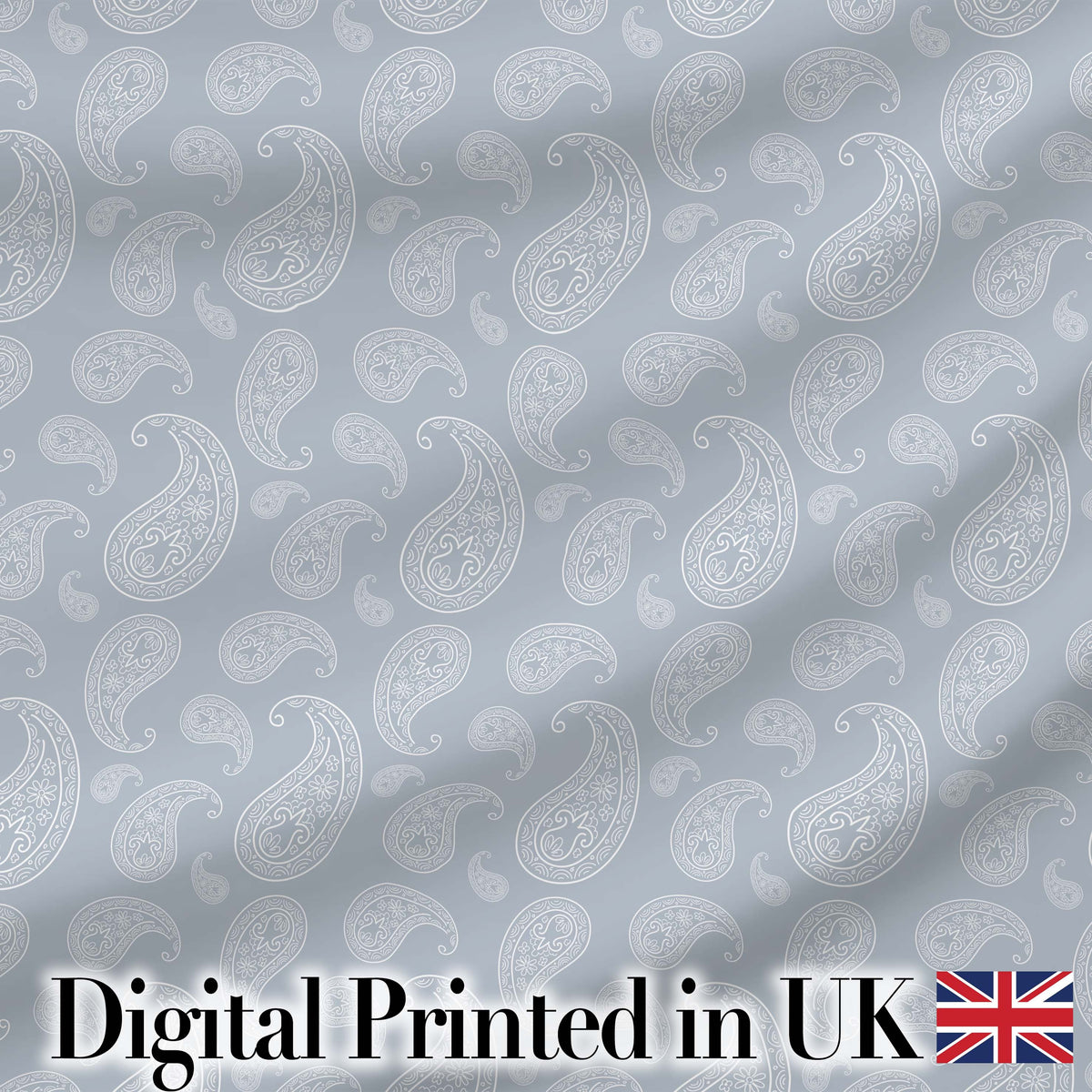 Elegant White Paisley Pattern Cool Steel Grey Gradient Background Seamless Digital Print Fabric by the Metre UK Sewing Quilting Textile