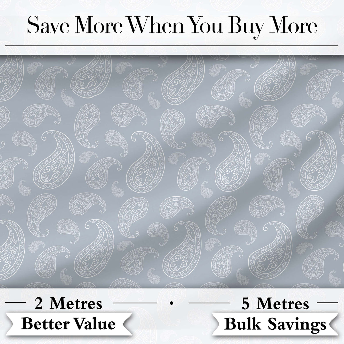 Elegant White Paisley Pattern Cool Steel Grey Gradient Background Seamless Digital Print Fabric by the Metre UK Sewing Quilting Textile