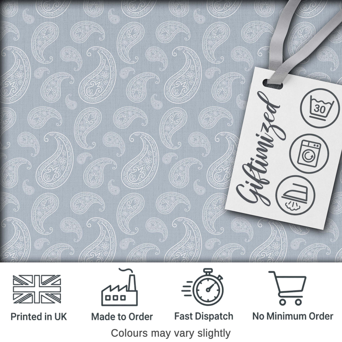Elegant White Paisley Pattern Cool Steel Grey Gradient Background Seamless Digital Print Fabric by the Metre UK Sewing Quilting Textile