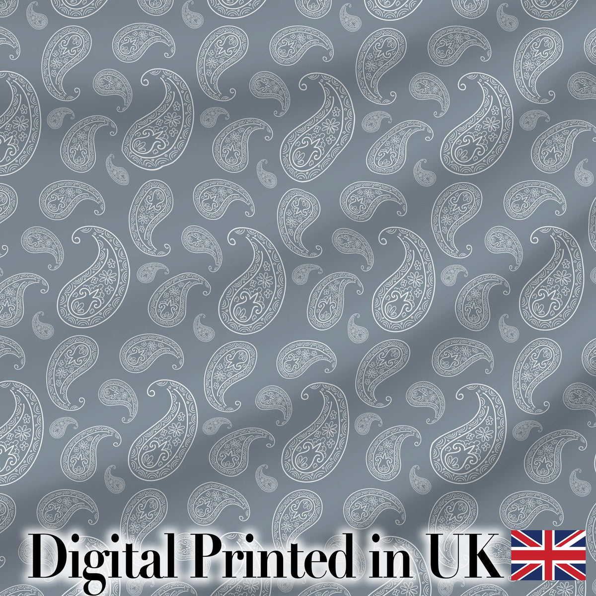 Elegant White Paisley Pattern Muted Slate Grey Gradient Background Seamless Digital Print Fabric by the Metre UK Sewing Quilting Textile