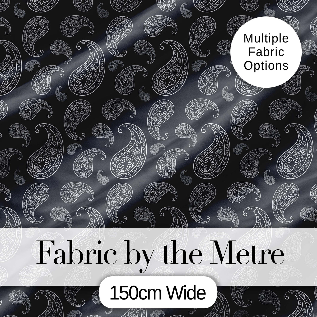 Elegant White Paisley Pattern Rich Black Grey Gradient Background Seamless Digital Print Fabric by the Metre UK Sewing Quilting Textile