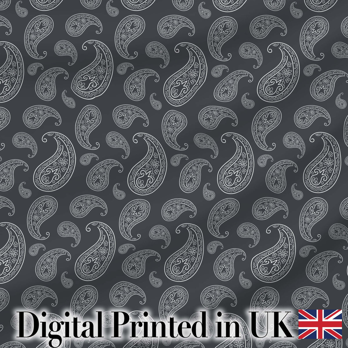 Elegant White Paisley Pattern Rich Black Grey Gradient Background Seamless Digital Print Fabric by the Metre UK Sewing Quilting Textile