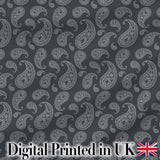 Elegant White Paisley Pattern Rich Black Grey Gradient Background Seamless Digital Print Fabric by the Metre UK Sewing Quilting Textile