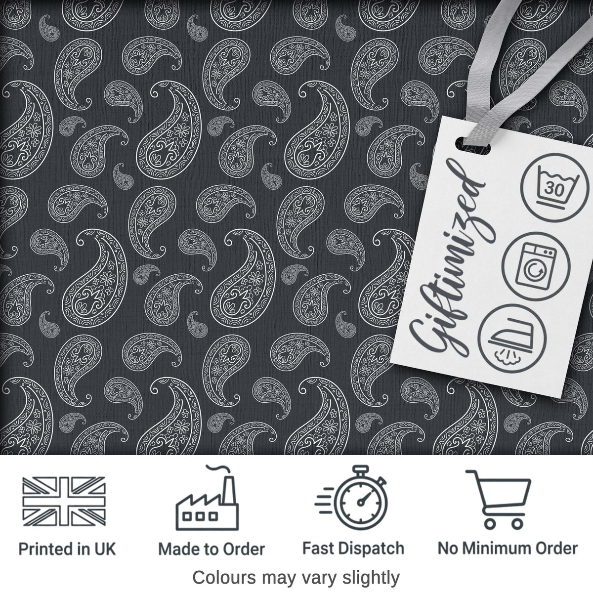 Elegant White Paisley Pattern Rich Black Grey Gradient Background Seamless Digital Print Fabric by the Metre UK Sewing Quilting Textile