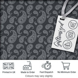 Elegant White Paisley Pattern Rich Black Grey Gradient Background Seamless Digital Print Fabric by the Metre UK Sewing Quilting Textile