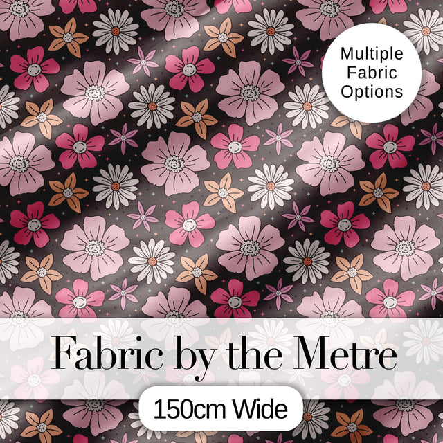 Cute Hand Drawn Floral Ditsy Flowers Pattern Dark Grey Background Seamless Digital Print Fabric by the Metre UK Sewing Quilting Textile