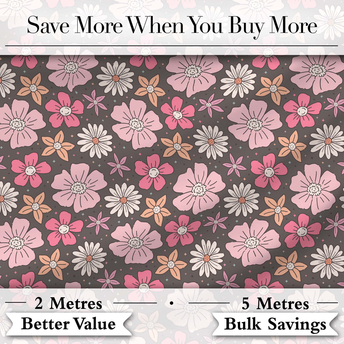 Cute Hand Drawn Floral Ditsy Flowers Pattern Dark Grey Background Seamless Digital Print Fabric by the Metre UK Sewing Quilting Textile