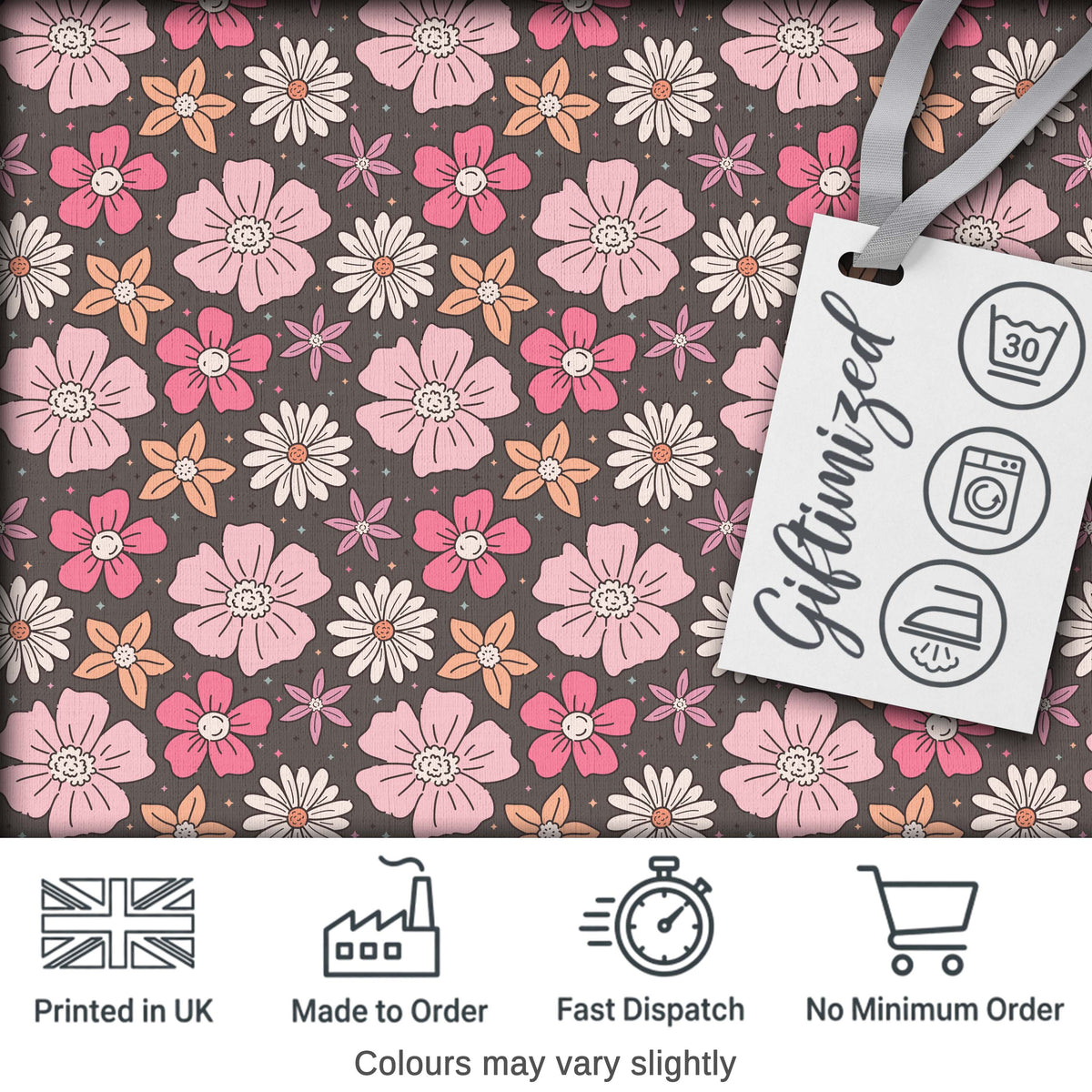 Cute Hand Drawn Floral Ditsy Flowers Pattern Dark Grey Background Seamless Digital Print Fabric by the Metre UK Sewing Quilting Textile