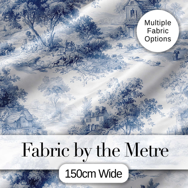 Vintage Toile Countryside Scenic Pattern Blue and White Seamless Digital Print Fabric by the Metre UK Sewing Quilting Textile